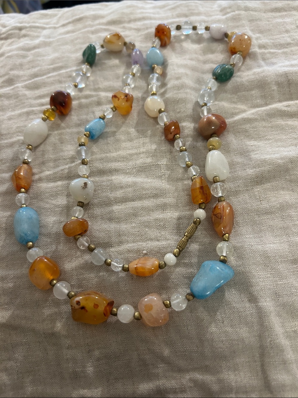 Natural Multi-Stone Beaded Necklace - Blue, Amber & White